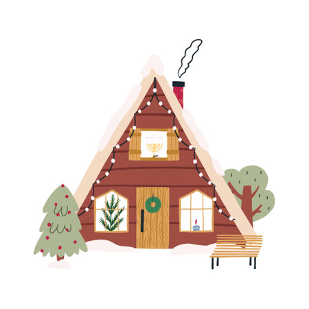 Cute A-frame building with Christmas holiday decor, cartoon flat vector illustration isolated on white background. Cozy house in the woods. Snow on roof, Christmas tree, bench and wreath on door.のイラスト素材