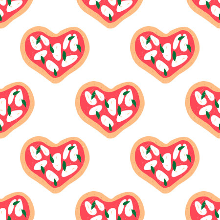 Pizza margherita in shape of heart, Valentines day seamless pattern - flat vector illustration on white background. Delicious Italian pizza with tomato sauce, mozzarella and basil leaves.のイラスト素材