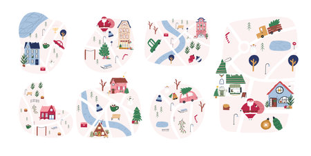 Cute winter map set, hand drawn city or town - cartoon flat vector illustration isolated on white background. Childish maps with roads, houses, trees and Christmas decorations.のイラスト素材