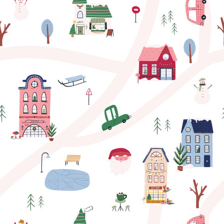 Cute seamless pattern with concept of winter holidays, cartoon flat vector illustration on white background. Small town map pattern with decorated houses, Christmas trrs, cars, roads and Santa Claus.のイラスト素材