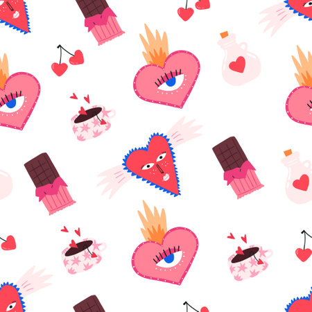 Valentine's day seamless pattern, hand drawn flat vector illustration on white background. Quirky and funky love elements - heart with face and wings, chocolate bar, cup of tea and magic love potion.のイラスト素材