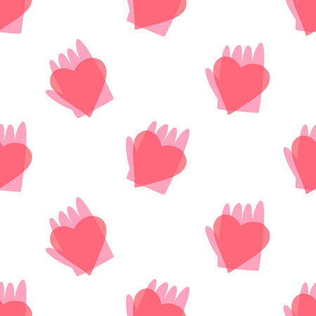 Hand drawn hand holds heart, Valentine's day seamless pattern - flat vector illustration on white background. Concepts of love, charity and donation.のイラスト素材