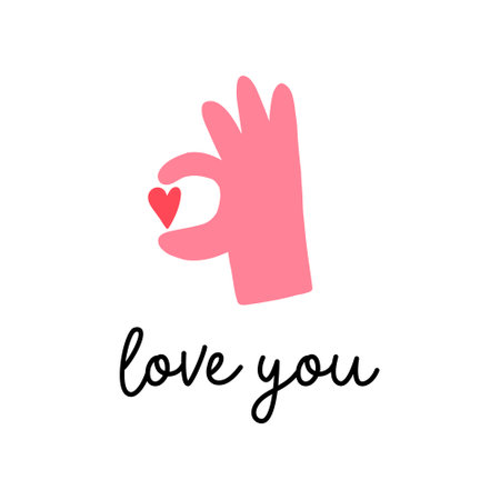 Cute hand holding little heart, love you text - flat vector illustration isolated on white background. Valentine's day greeting card or poster. Hand drawn romantic drawing.のイラスト素材