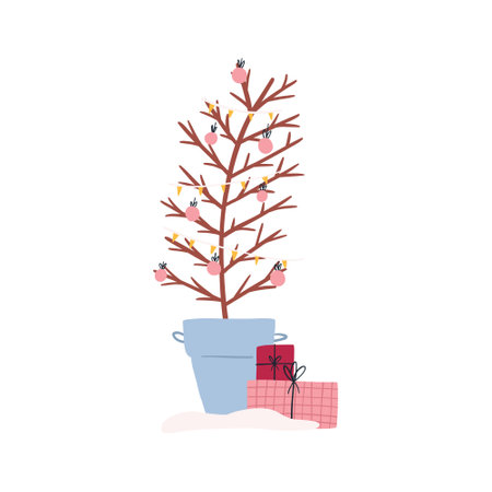 Cute hand drawn Christmas tree in bucket, flat vector illustration isolated on white background. Decorated xmas tree with ornaments and garland. Pile of gift boxes and snow.のイラスト素材