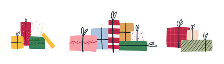 Set of hand drawn gift boxes piles, cartoon flat vector illustration isolated on white background. Stacks of cute Christmas or birthday holiday presents. Viva magenta color.のイラスト素材