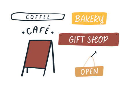 Set of cafe signs and restaurant elements, cartoon flat vector illustration isolated on white background. Menu chalkboard, open sign, bakery and gift shop wooden signs. Cute exterior decoration.のイラスト素材