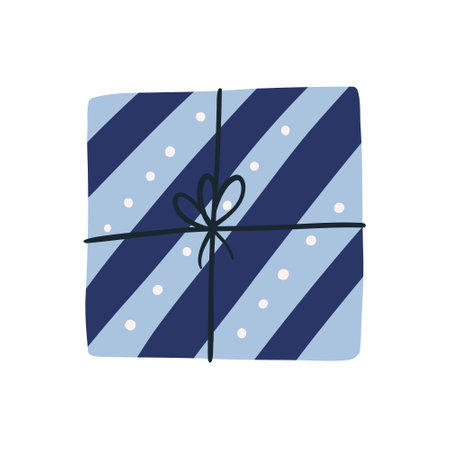 Hand drawn gift box, top view - flat vector illustration isolated on white background. Present for Christmas or birthday holiday celebration. Striped blue gift box with bow.のイラスト素材