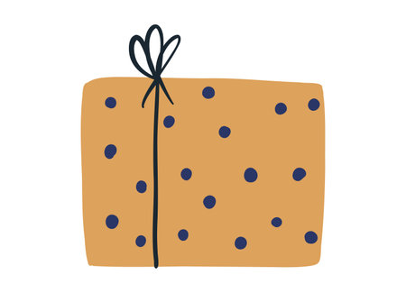 Hand drawn gift box in golden color, cartoon flat vector illustration isolated on white background. Birthday party, Christmas holiday. Cute present.のイラスト素材