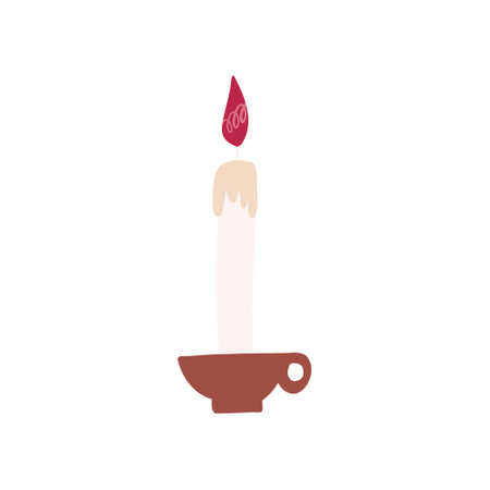 Burning candle in holder, hand drawn flat vector illustration isolated on white background. Retro vintage candle. Concepts of spa, romance, relaxation.のイラスト素材