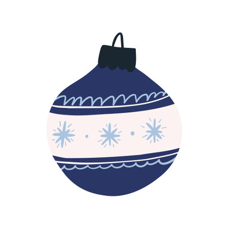 Retro Christmas ornament in blue color with snowflakes, cartoon flat vector illustration isolated on white background. Hand drawn Christmas tree decoration bauble.のイラスト素材