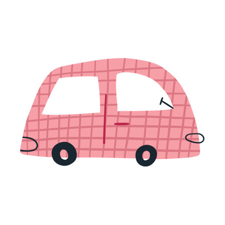 Cute childish car driving, cartoon flat vector illustration isolated on white background. Funny hand drawn pink van. Nursery design element. Automobile in Scandinavian style.のイラスト素材
