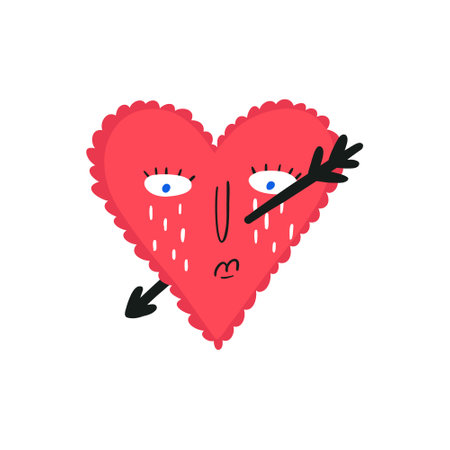 Quirky heart in tears with arrow inside, cartoon flat vector illustration isolated on white background. Funky heart with sad face expression. Concepts of love and Valentines day.のイラスト素材
