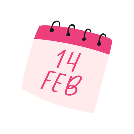 Hand drawn calendar for 14 february, cartoon flat vector illustration isolated on white background. Cute Valentines day calendar. Concepts of love, holiday celebration and romantic date.のイラスト素材