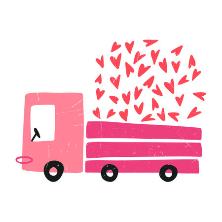 Hand drawn truck driving with hearts, cartoon flat vector illustration isolated on white background. Cute drawing with grunge texture. Love and Valentines day celebration.のイラスト素材