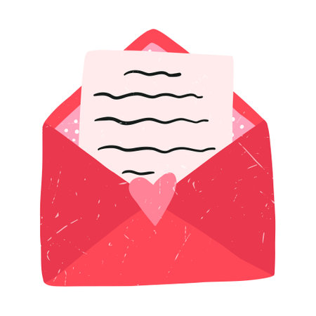 Hand drawn love letter in envelope, cartoon flat vector illustration isolated on white background. Cute drawing with grunge texture. Symbol of love and Valentines day.のイラスト素材