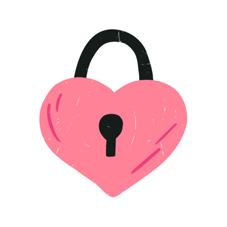 Hand drawn padlock in shape of heart, flat vector illustration isolated on white background. Cute Valentines day drawing with grunge texture. Concept of love.のイラスト素材