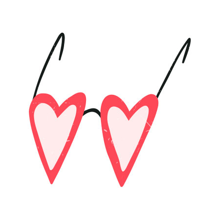 Cute glasses in shape of heart, cartoon flat vector illustration isolated on white background. Hand drawn glasses with grunge texture. Concepts of love and Valentines day.のイラスト素材