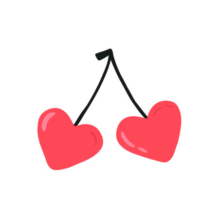 Hand drawn cherries on branch in shape of heart, cartoon flat vector illustration isolated on white background. Concepts of love and Valentines day holiday.のイラスト素材