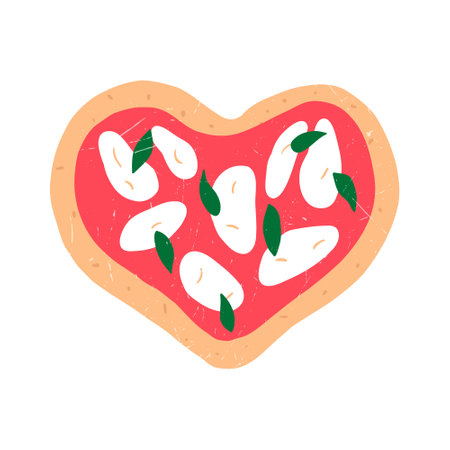 Hand drawn pizza in shape of heart, cartoon flat vector illustration isolated on white background. Pizza margherita for Valentine's day as symbol of love. Drawing with grunge texture.のイラスト素材