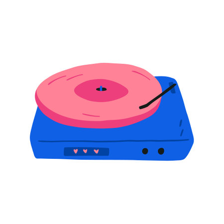 Vinyl record player, hand drawn cartoon flat vector illustration isolated on white background. Retro music player. Old vintage turntable.のイラスト素材