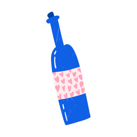 Hand drawn wine bottle with hearts on label. cartoon flat vector illustration isolated on white background. Symbol of love and Valentines day. Drawing with grunge texture.のイラスト素材