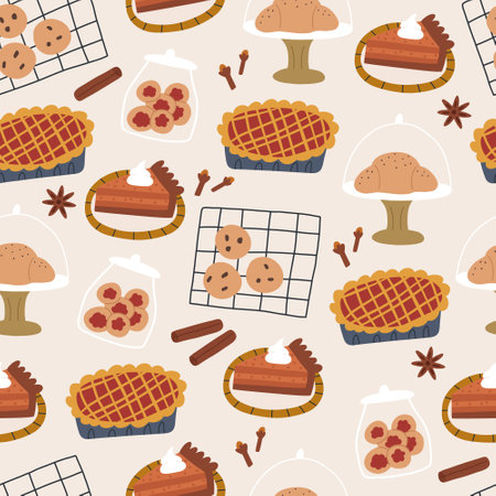 Baked goods - seamless pattern on beige background. Cute and cozy autumn pastry - pumpkin pie, cookies on oven tray and in jar, croissant, apple pie.のイラスト素材