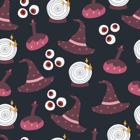 Halloween seamless pattern with witches elements, on dark background. Potion flask, eyeballs, witches hat and magic ball. Magic and witchcraft concepts.のイラスト素材