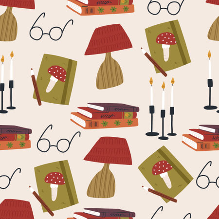 Reading concept seamless pattern on beige background. Pile of books, notebook, lamp, glasses and candles. Cozy autumn reading.のイラスト素材