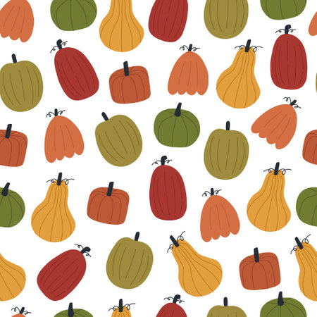 Cute hand drawn pumpkins, seamless pattern on white background. Cozy autumn background. Simple naive art style.のイラスト素材
