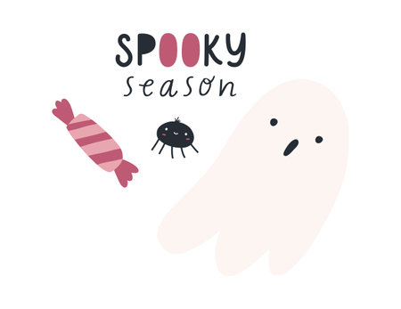 Cute ghost with spider and candy, Halloween greeting card, cartoon vector illustration isolated on white background. Autumn holiday poster. Hand drawn children character.のイラスト素材