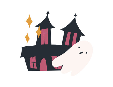 Hand drawn haunted house with cute ghost, cartoon flat vector illustration isolated on white background. Spooky Halloween holiday drawing.のイラスト素材