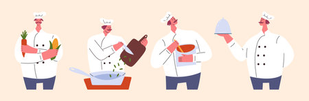 Set of cartoon character cooking food, flat vector illustration isolated on yellow background. Professional chef cutting, frying, stirring and serving meal in restaurant or catering service.のイラスト素材