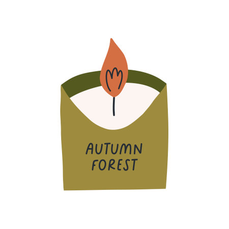 Cute candle with autumn forest scent, cartoon flat vector illustration isolated on white background. Hand drawn scented candle. Home decor element.のイラスト素材