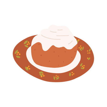 Hand drawn cinnabon on plate in cute cartoon flat style, vector illustration isolated on white background. Tasty cinnamon roll. Concepts of bakery, dessert, sweet food and pastry.のイラスト素材