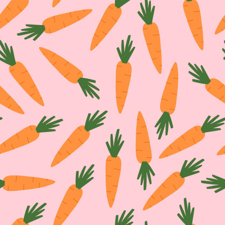 Hand drawn carrots on pink background, spring seamless pattern, cartoon flat vector illustration. Concepts of nature, vegetable, gardening, harvest and summer.のイラスト素材