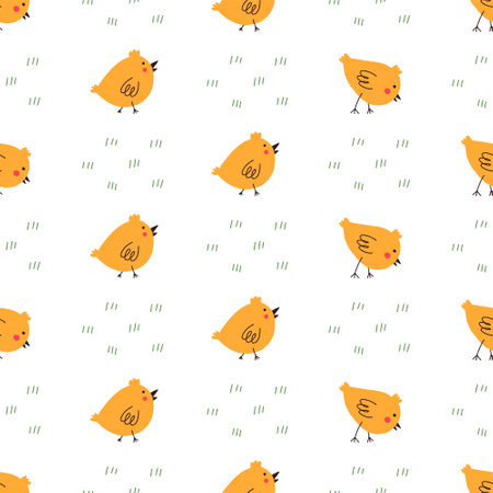 Cute little chick, Easter seamless pattern, cartoon flat vector illustration on white background. Hand drawn childish spring pattern. Great for nursery and kids clothes print.のイラスト素材