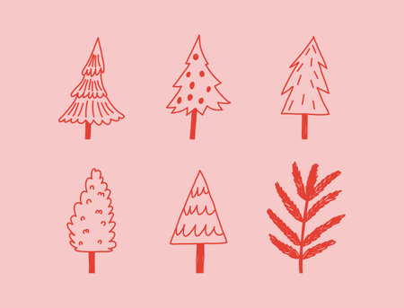 Set of Christmas trees in hand drawn doodle style, vector illustration. Various cute Christmas trees. Concepts of winter holidays and nature.のイラスト素材
