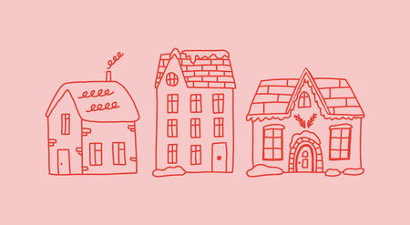 Set of winter houses in hand drawn doodle style, vector illustration. Cute doodles in pink and red colors. Christmas and winter holidays concepts.のイラスト素材