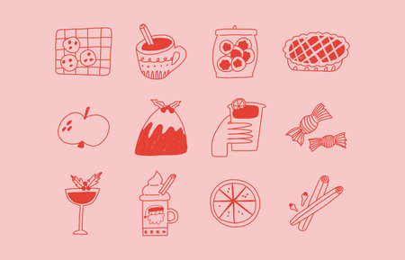 Set of Christmas food and drinks in hand drawn doodle style, vector illustration. Concepts of winter holidays. Cookies, pie, pudding, candy, cocoa drink, cinnamon sticks.のイラスト素材