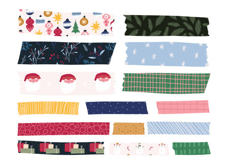 Set of colorful washi tapes, cartoon flat vector illustration isolated on white background. Cute adhesive tape for planner, journaling and scrapbook. Winter and Christmas ornaments, florals.のイラスト素材