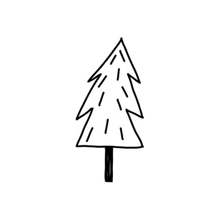 Hand drawn Christmas tree, cute doodle style, vector illustration isolated on white background. Cartoon fir tree in outline. Winter nature.のイラスト素材