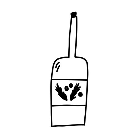Bottle of hot wine in hand drawn doodle style, vector illustration isolated on white background. Cartoon alcohol drink in bottle, Christmas holiday.のイラスト素材