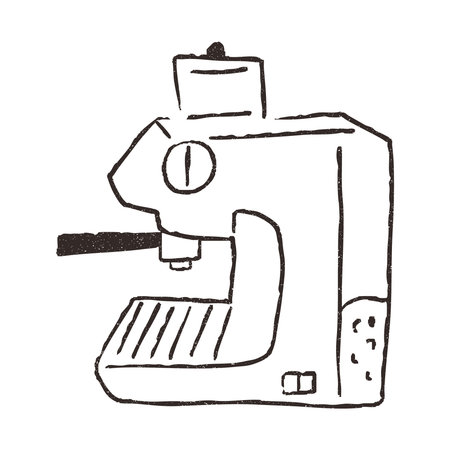 Espresso machine, hand drawn doodle, vector illustration isolated on white background. Outline sketch style with grunge vintage texture. Coffee maker, cafe concept.のイラスト素材