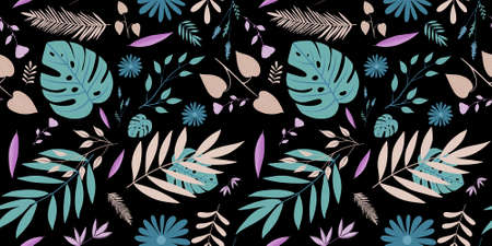 Seamless pattern of colorful leaves on black