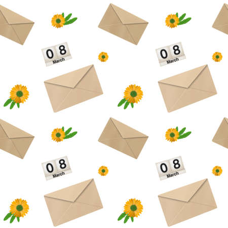 Seamless festive pattern for International Women's Day. Pattern with the 8 March calendar, envelopes and flowers.の写真素材