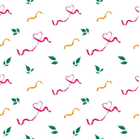 Seamless pattern with pink and gold ribbons and green leaves on a white backgroundの写真素材