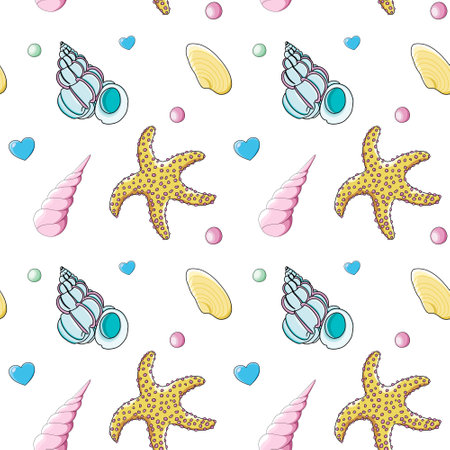 Seashells vector seamless pattern in cartoon style. Yellow starfish, blue, pink, yellow seashells, hearts and spheres.のイラスト素材