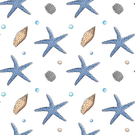 Seashells vector seamless pattern in cartoon style. Blue starfish, light brown and gray seashells, sea stones and sea dropsのイラスト素材