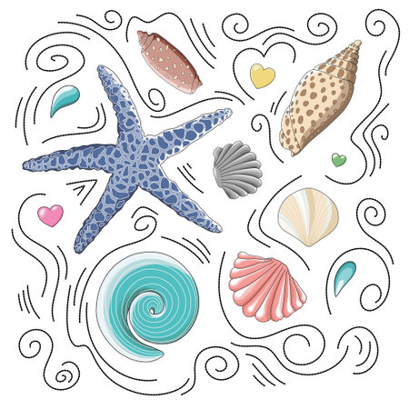 Vector nautical composition of blue starfish, beige, brown, turquoise, coral, gray seashells, colorful hearts, sea water drops and black lines in cartoon doodle styleのイラスト素材
