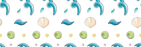 Seashells vector seamless pattern in cartoon style. Sea waves, beige and green seashells, yellow...